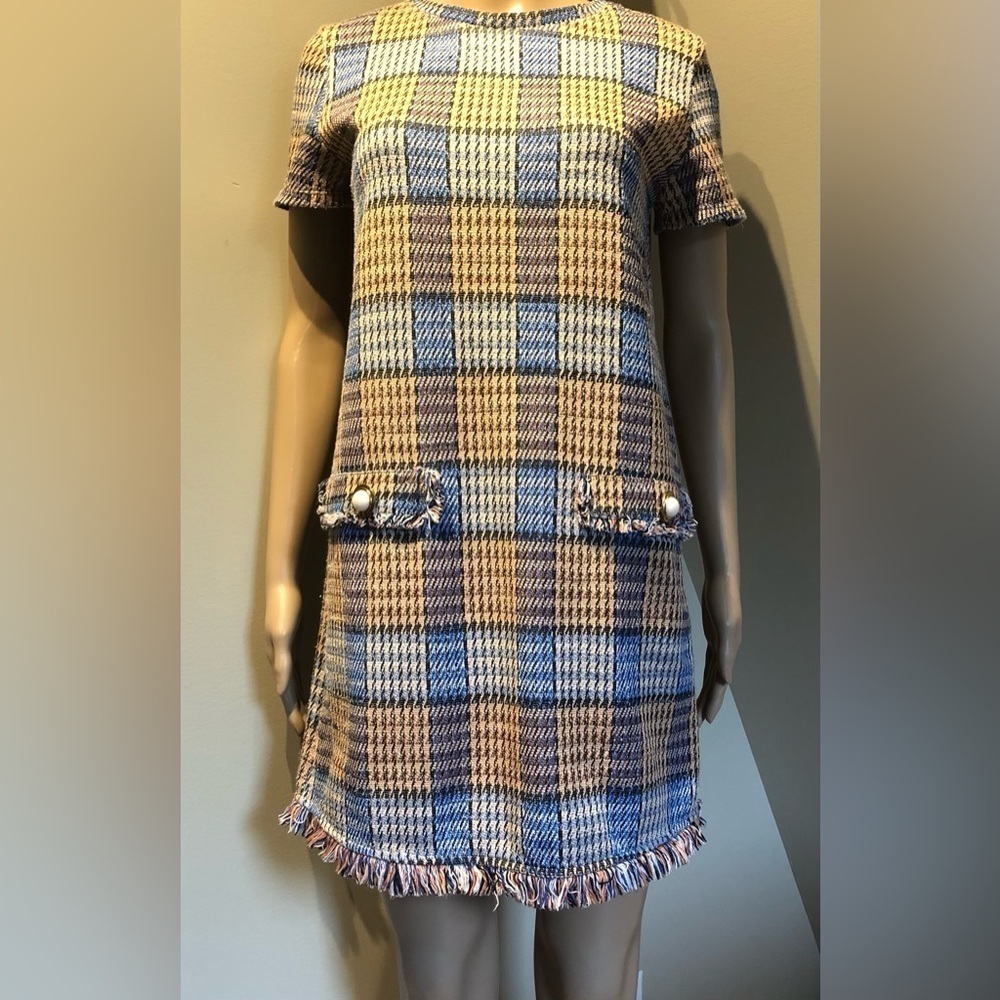 Zara plaid fringed tweed pastel plaid preppy mini dress